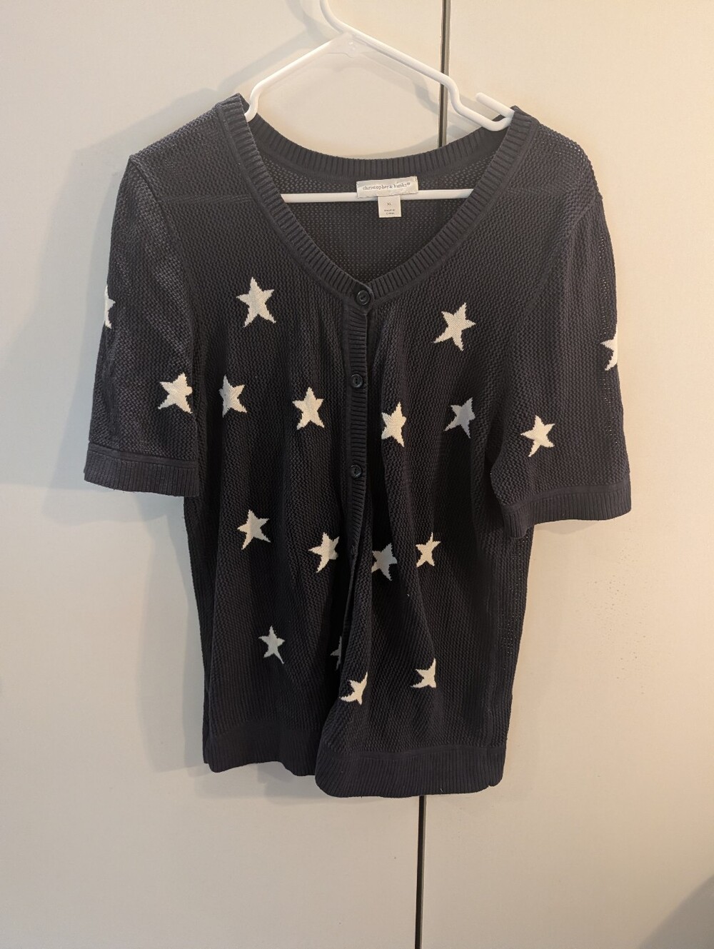 Christopher & Bank Short Sleeve Navy Star Button-Front Knit Top Womans XL